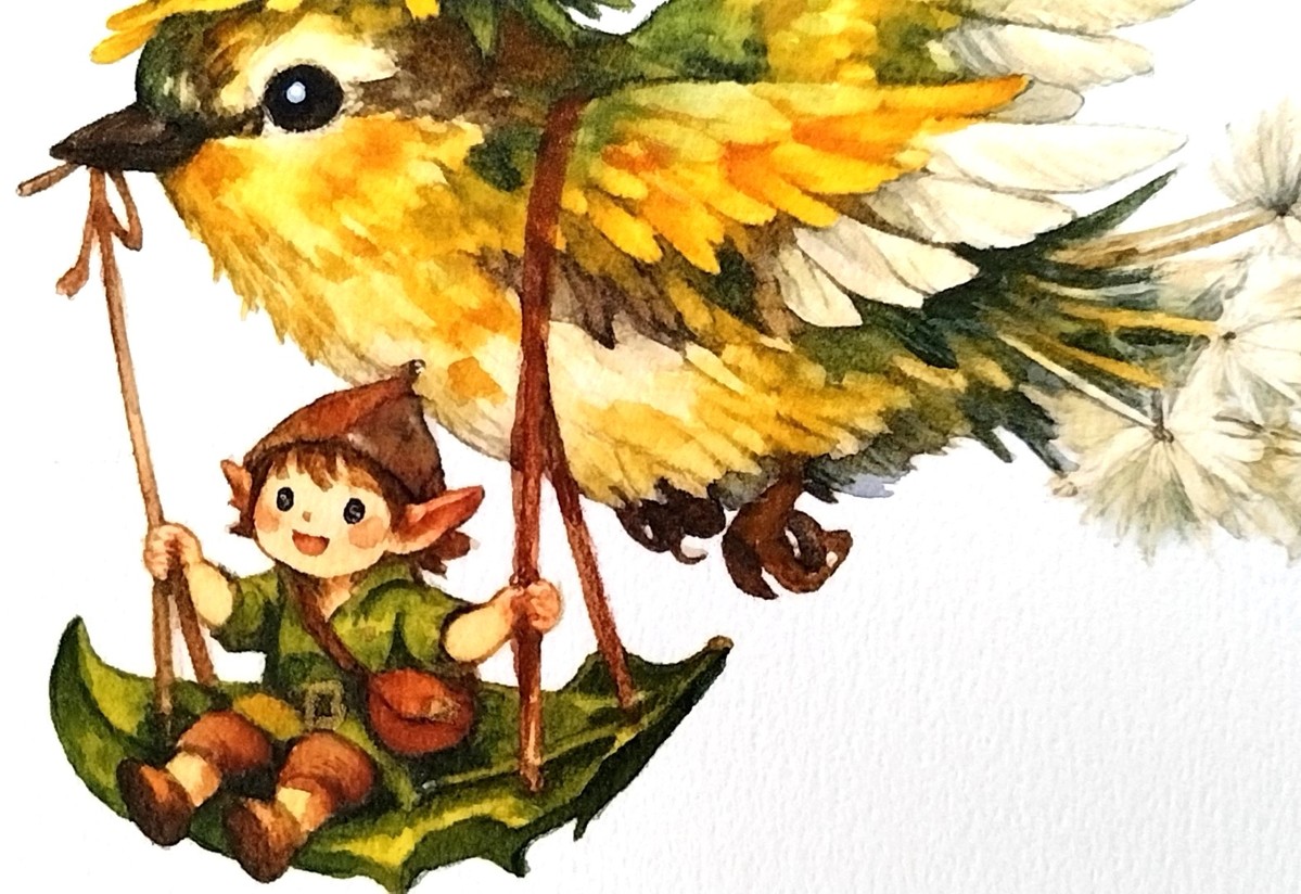 Dr.マーチン インディアインクで色彩に鮮やかな深みを加え、色鉛筆で妖精の表情や綿毛の細かなラインを描き込みました。柔らかさの中に、確かな存在感が宿っています。