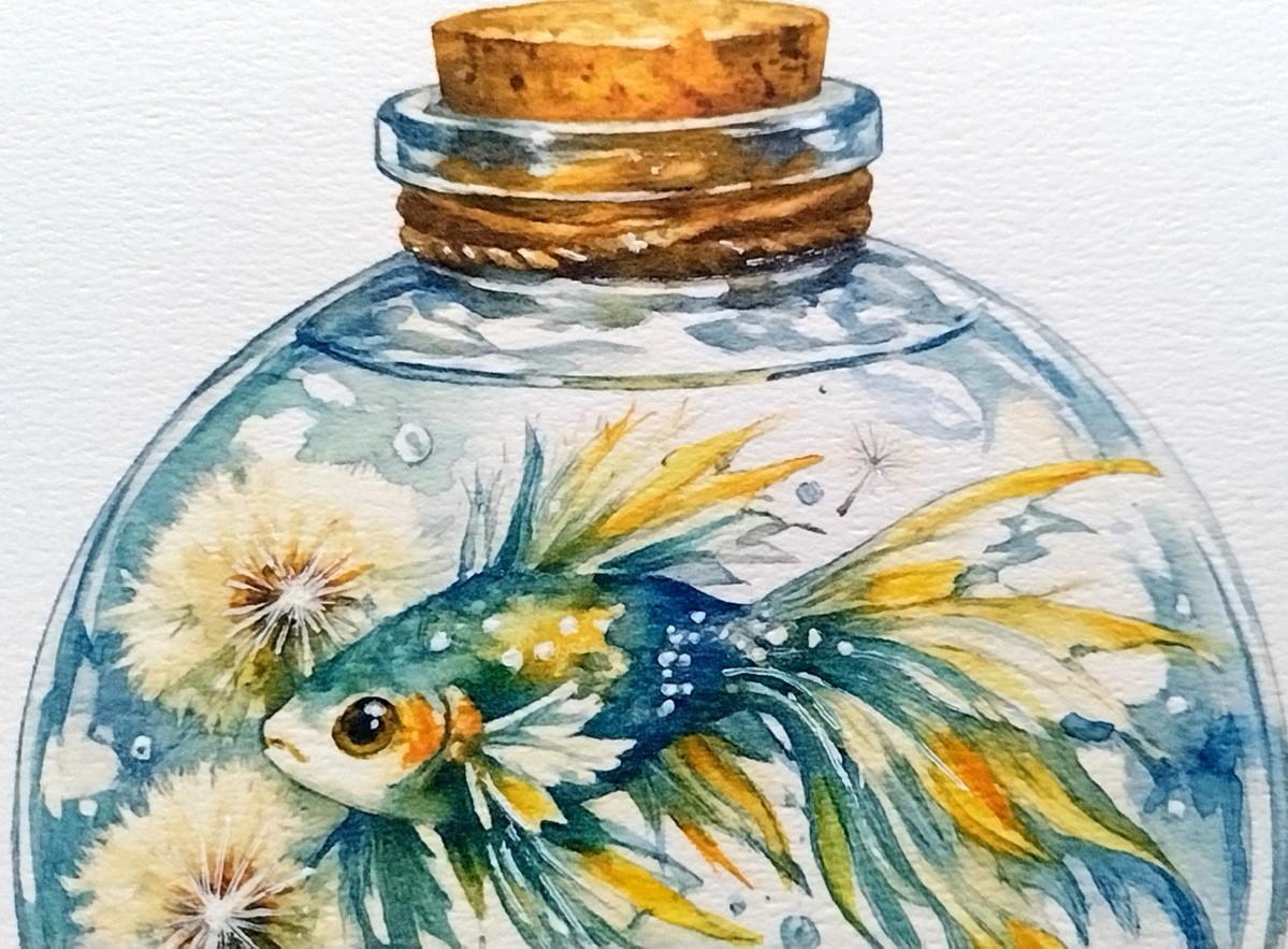 透明水彩の澄んだ発色を活かし、小瓶の中の清らかな水の透明感と奥行きを表現しました。