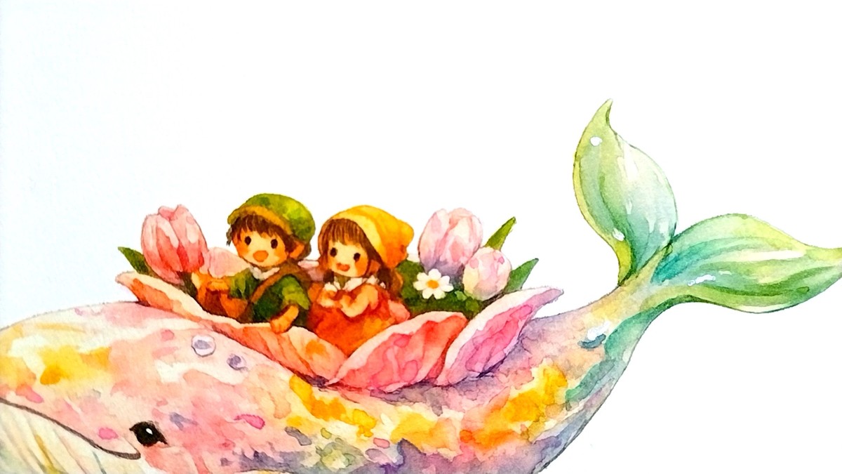 透明水彩を幾層にも丁寧に重ねることで、クジラの肌が放つ真珠のような美しい光沢を表現しました。陽の光を反射して七色に輝く質感を大切にしています。