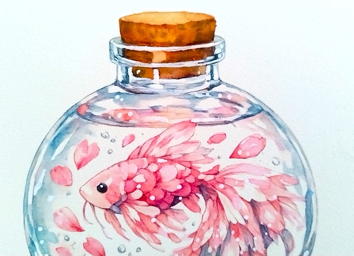 透明水彩ならではの淡くにじむピンク色が、水の中を舞う桜の花びらと魚の優雅なヒレを柔らかく繋いでいます。境界線が溶け合うような描写により、魚そのものが桜の化身であるかのような幻想的な質感を表現しました。