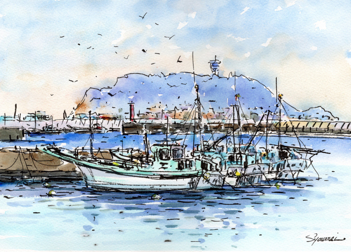 水彩画原画 腰越漁港風景 B #699