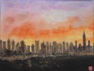 作品名:「夕焼けのニューヨーク」 画家名:「山忠」 コメント:「夕焼けの空を背景に、ニューヨークの高層ビル街にの窓、一つ一つに明かりがともり、それぞれの生活が感じられるように腐心して、描きました。」 ART-Meter